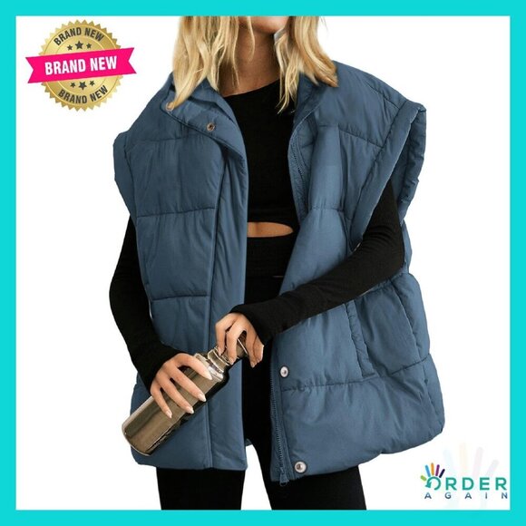Jackets & Blazers - Oversized Puffer Vest Stand Collar Full Zip Sleeveless Quilted Warm Coat